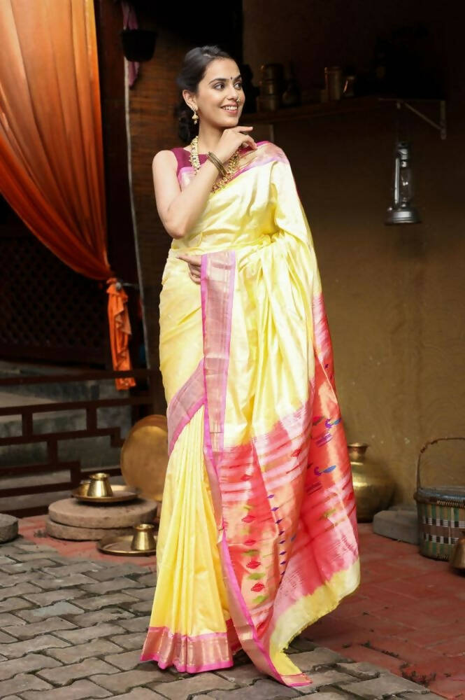 Very Much Indian Handloom Pure Silk Paithani Pastel Light Yellow