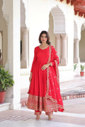 Joban Fashion Red Readymade Kurta Set With Sequence embroidery Work