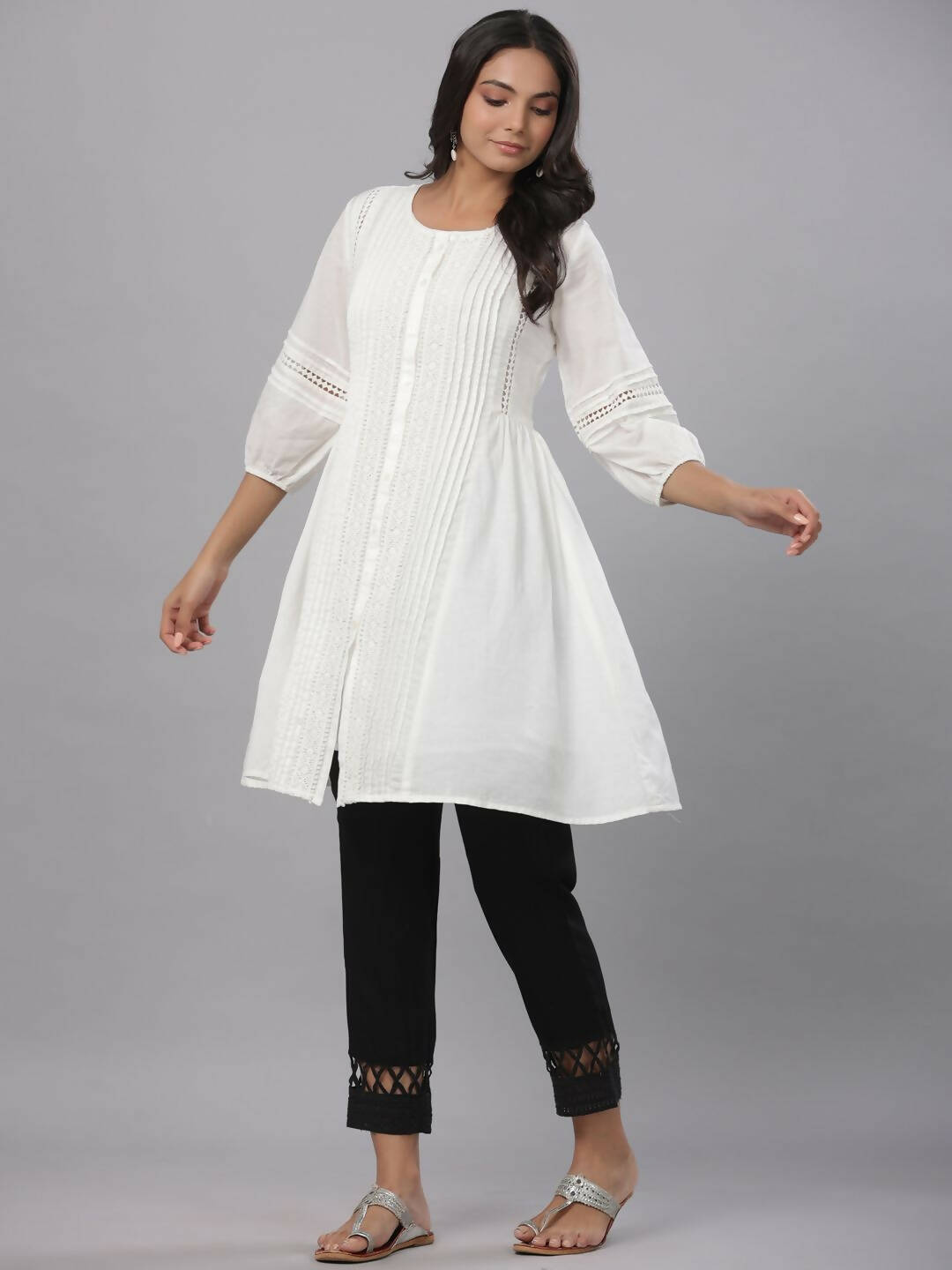Juniper Women's White Cotton Silk Solid A-Line Kurta