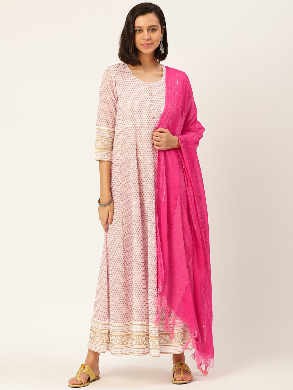 HERE&NOW Women White And Pink Polka Dot Print Cotton Anarkali Kurta With Dupatta