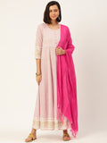 HERE&NOW Women White And Pink Polka Dot Print Cotton Anarkali Kurta With Dupatta