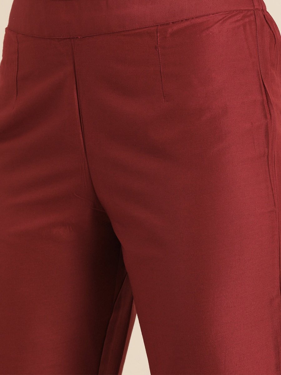 All About You Women Maroon & Golden Satin Finish Kurta with Trousers & With Dupatta