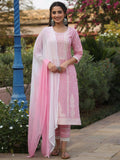 Juniper Women's Pink Cambric Floral Print Kurta Straight Pant And Duptta Sets