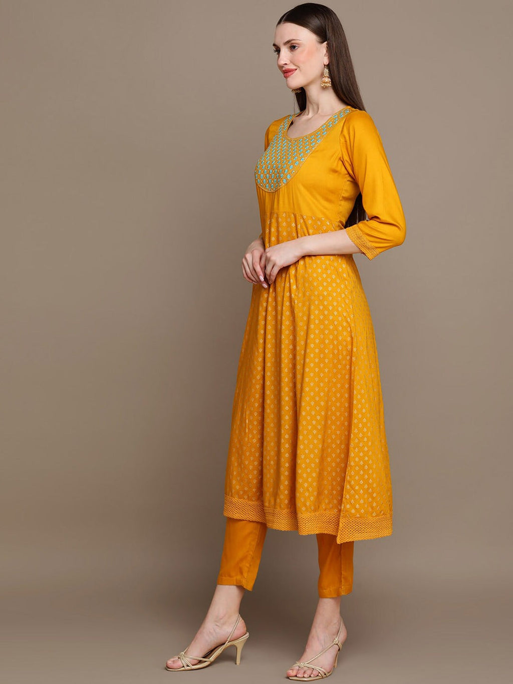 HERE&NOW Ethnic Motifs Embroidered Mirror Work Yoke Anarkali Kurta with Trousers & Dupatta