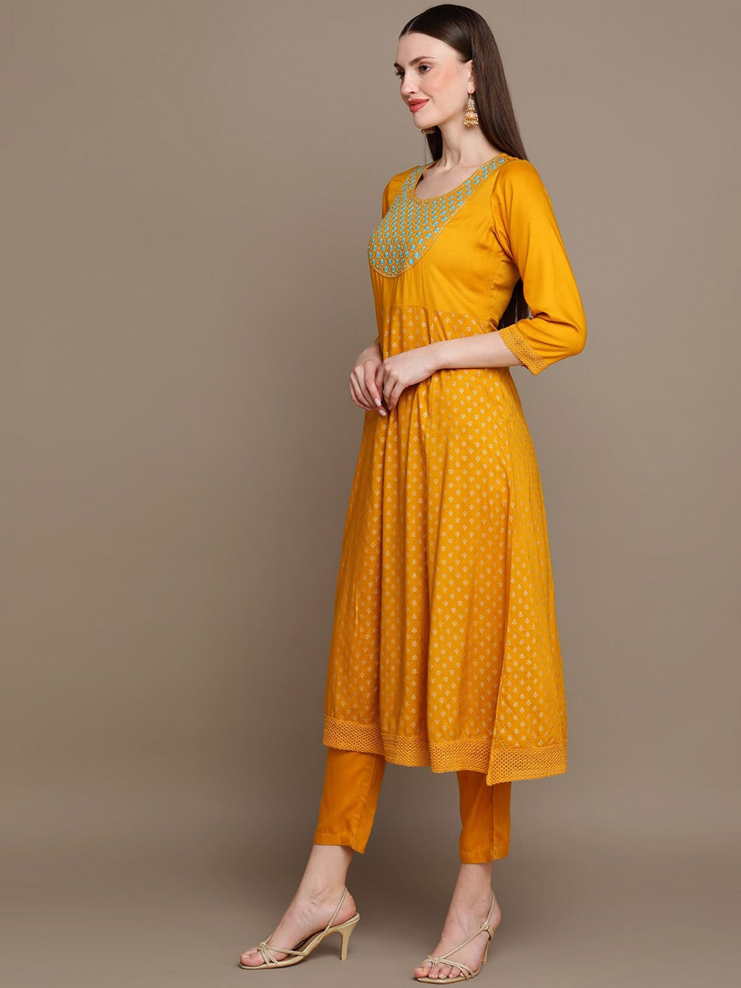 HERE&NOW Ethnic Motifs Embroidered Mirror Work Yoke Anarkali Kurta with Trousers & Dupatta