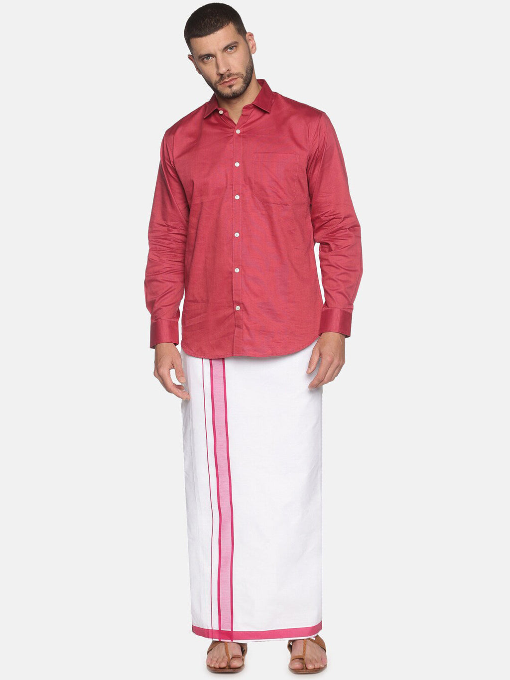 Sethukrishna White & Pink Solid Cotton Dhoti For Men