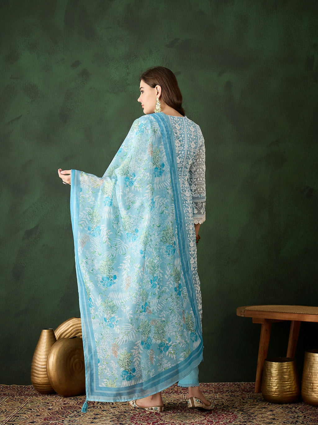 Blue Crystal Organza schiffli embroidery Kurta With Trouser & Dupatta - Bhumi