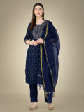 Jyoti Fashion Women's Navy Blue Cotton Magic Slub Embroidery & Sequence work Kurta with Trouser & Dupatta