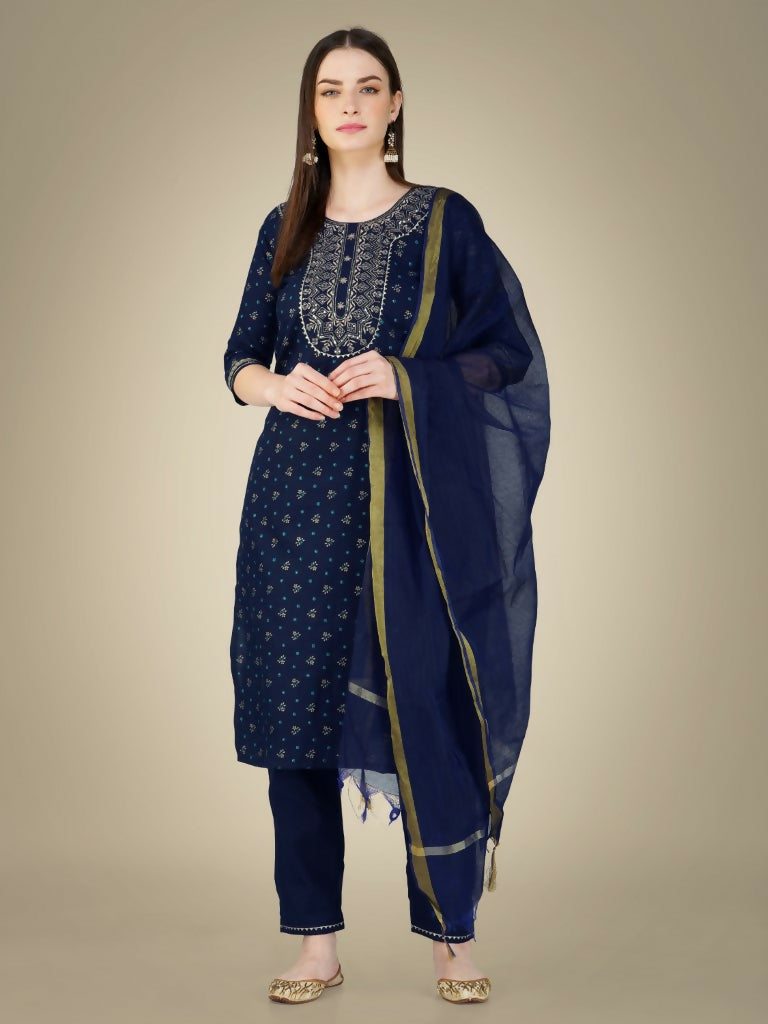 Jyoti Fashion Women's Navy Blue Cotton Magic Slub Embroidery & Sequence work Kurta with Trouser & Dupatta