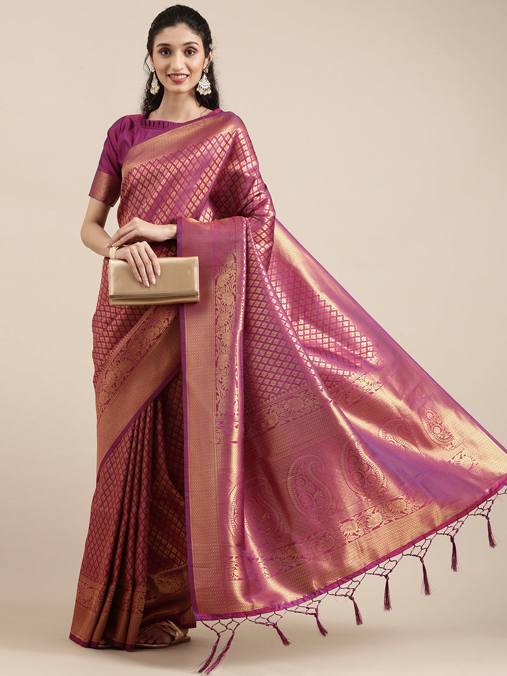 Saree Mall Magenta Ethnic Motifs Zari Silk Blend Banarasi Saree For Women