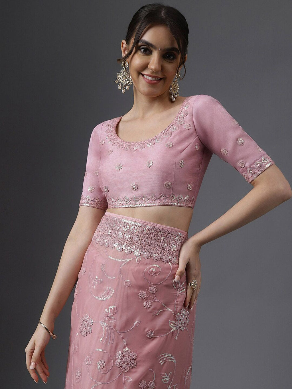 kasee Floral Embroidered Sequinned Organza Saree