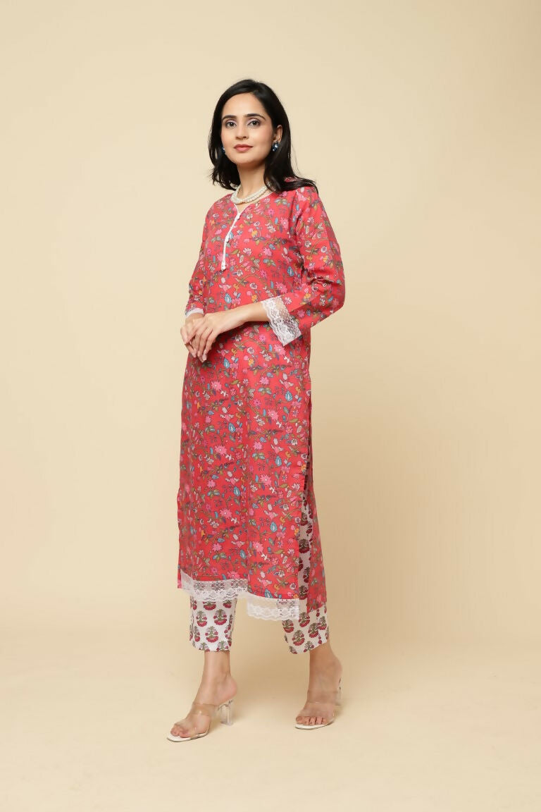 Designer Stylish Red Cotton Blend Stitched Suit With Dupatta - Tanisha