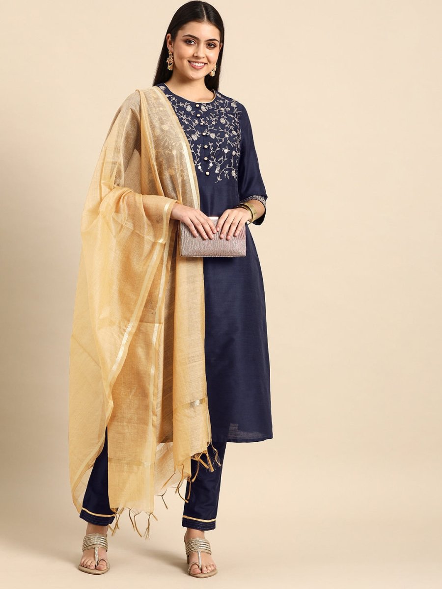 All About You Women Navy Blue Embroidered Kurta with Trousers & With Dupatta