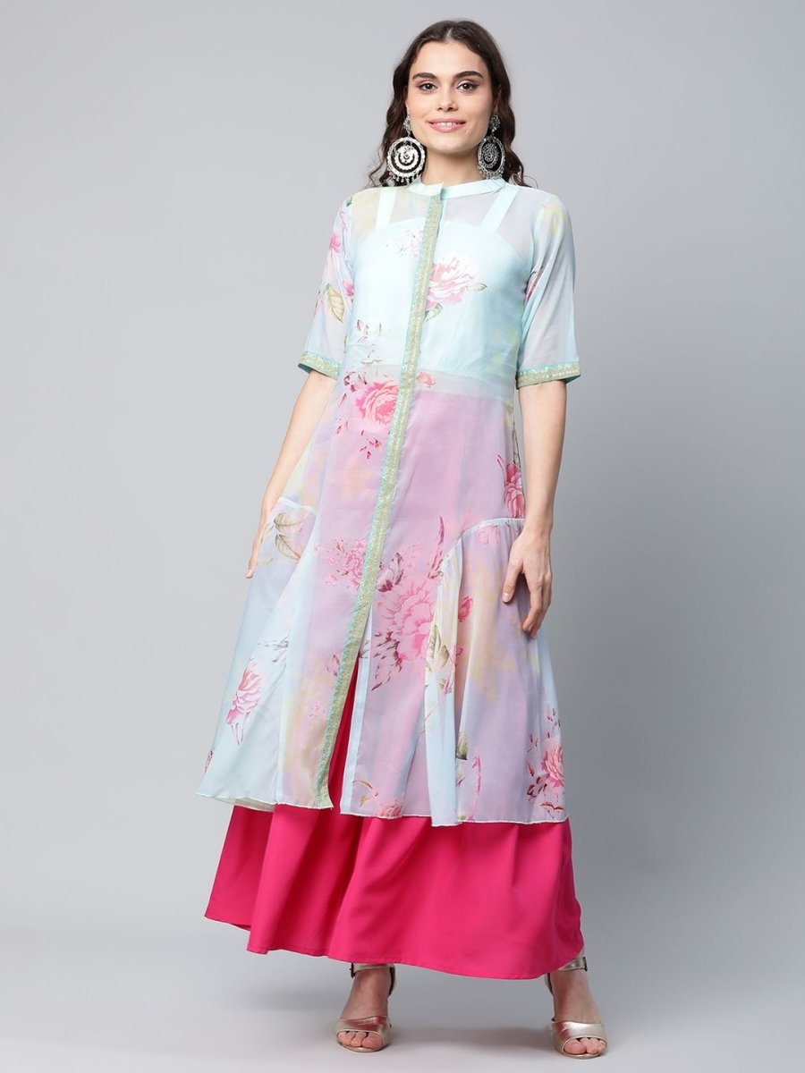 Ahalyaa Women Sea Green Floral Printed Top With Kurta