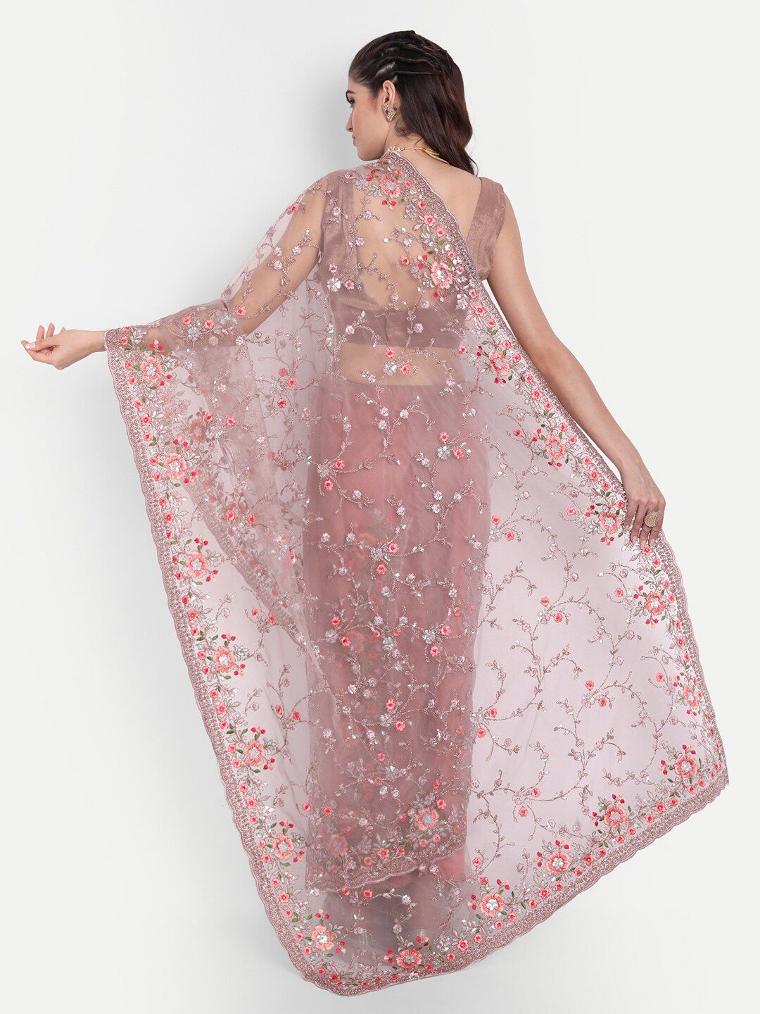 kasee Lavender & Peach-Coloured Floral Embroidered Net Saree