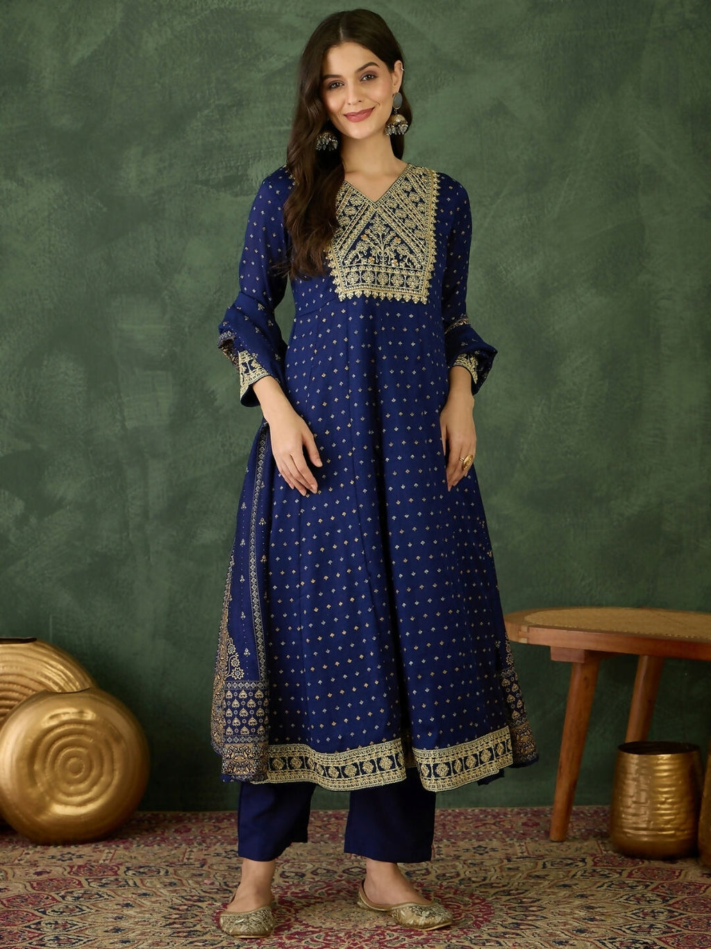 The52 Blue Women's Gorgeous Embroidered Work Vichitra Silk Fabric Flared Kurta Pant and Dupatta Set
