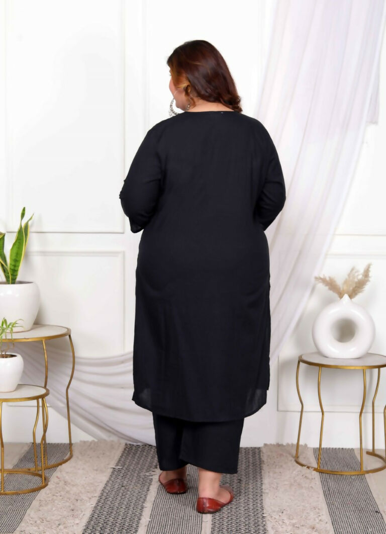 Miravan Women's Plus Size Black Pintucks Detailing Straight Kurta and Palazzo with Dupatta Set
