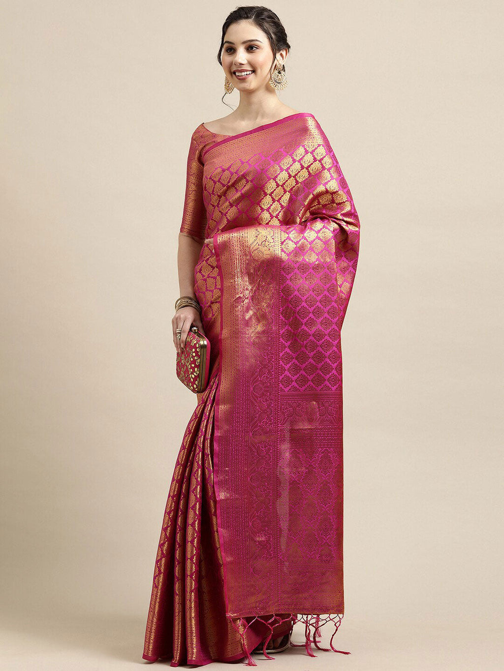 Saree Mall Pink & Gold-Toned Woven Design Zari Silk Blend Banarasi Saree