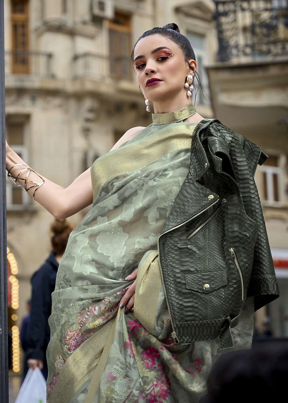 Lovely Pista Green Polly Brasso Designer Saree - Emponline