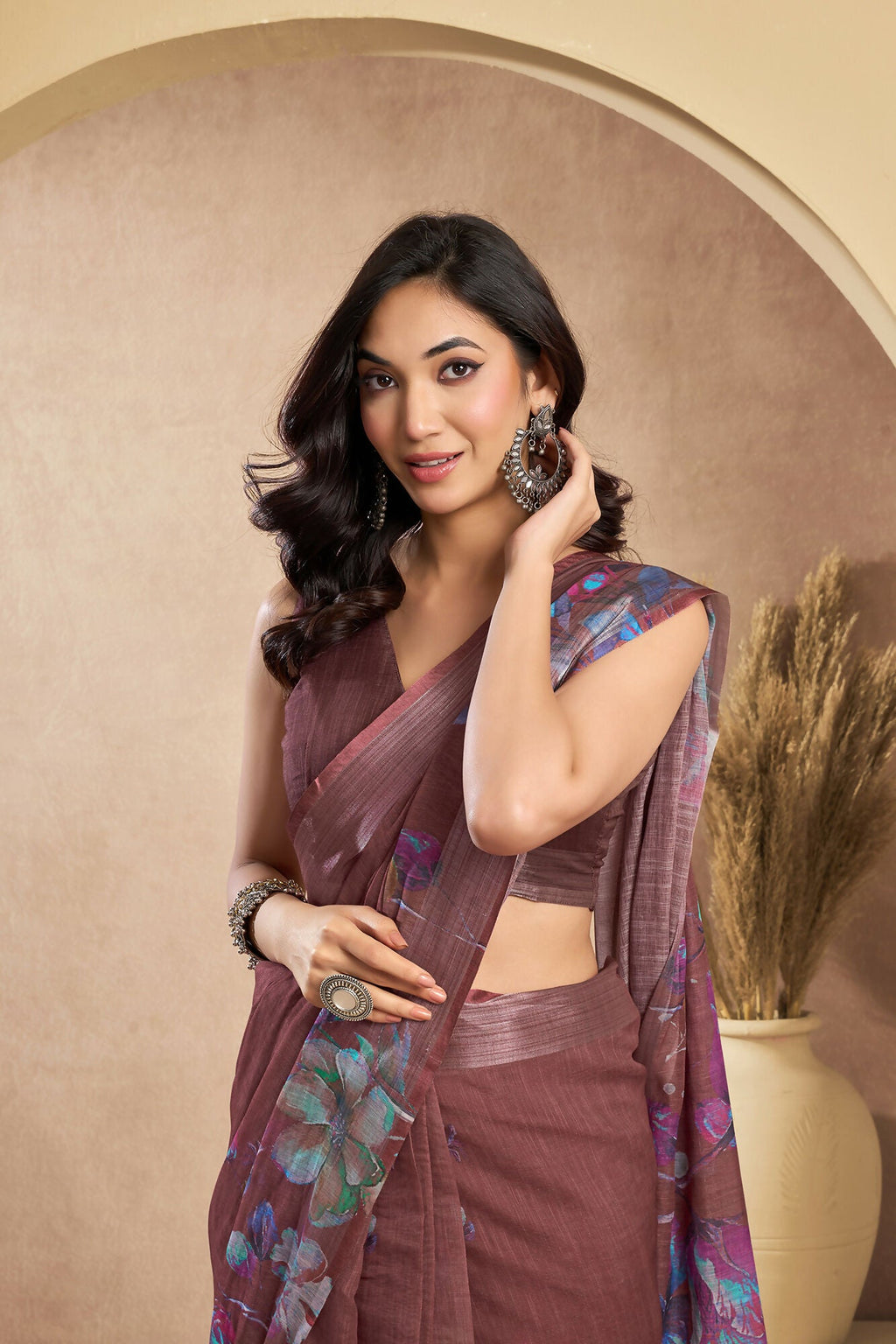Vastranavya Coffee Digital Printed Linen Ready To Wear Designer Saree with Unstitched Blouse