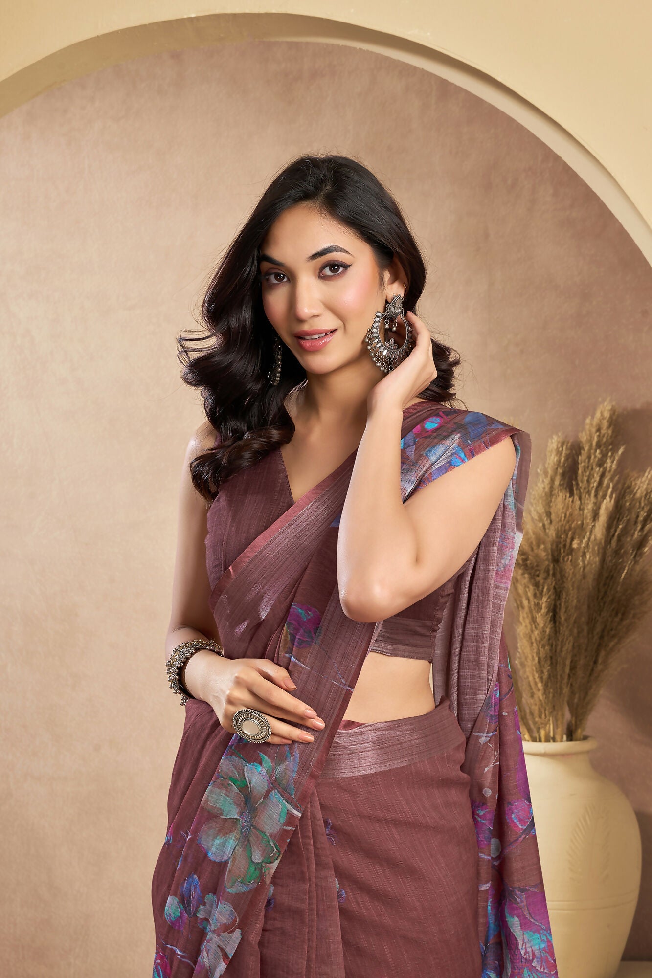 Vastranavya Coffee Digital Printed Linen Ready To Wear Designer Saree with Unstitched Blouse