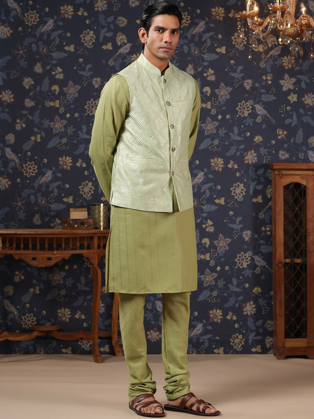 House of Pataudi Straight Kurta With Pyjamas & Embroidered Sequin Work Nehru Jacket