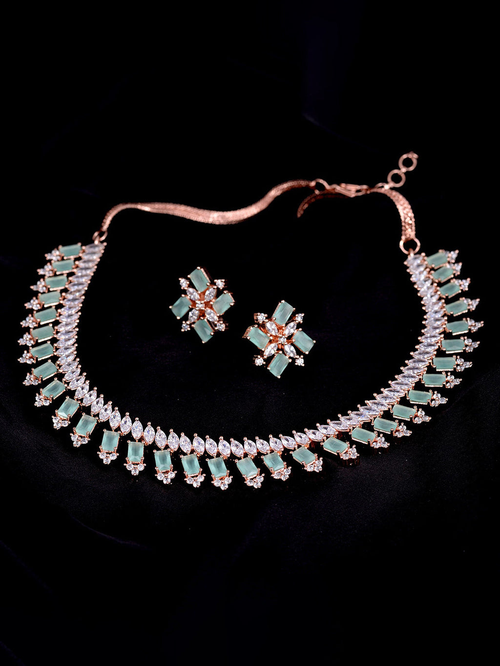 Saraf RS Jewellery Sea Green & Rose Gold-Polished American Diamond Studded Jewellery Set