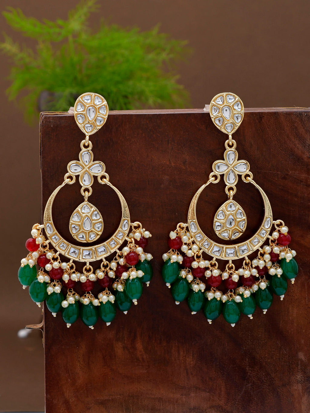 Shoshaa Green Contemporary Kundan Chandbalis Earrings