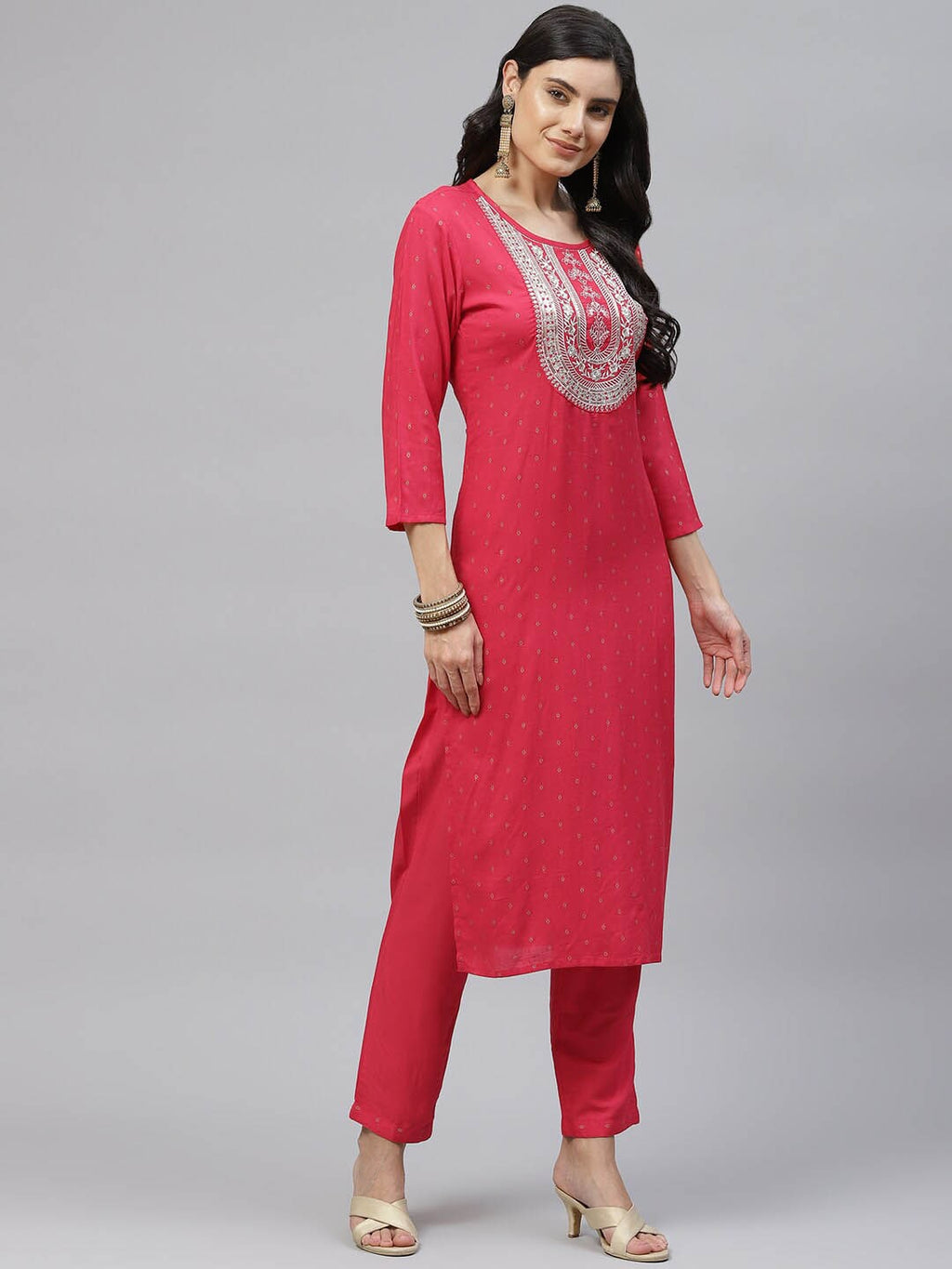 HERE&NOW Women Red Embroidered Kurta with Trousers & With Dupatta