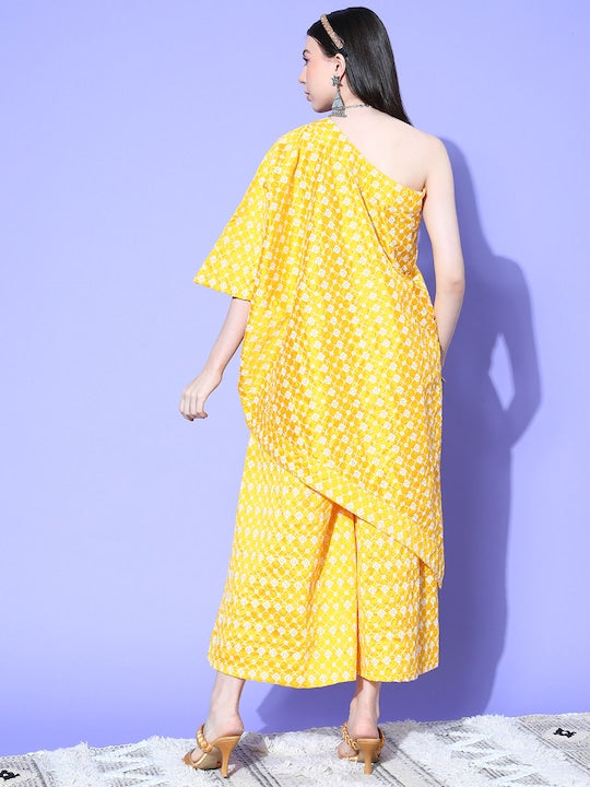InWeave Women's Light Yellow Mirror Work Oneshoulder Kurta Set