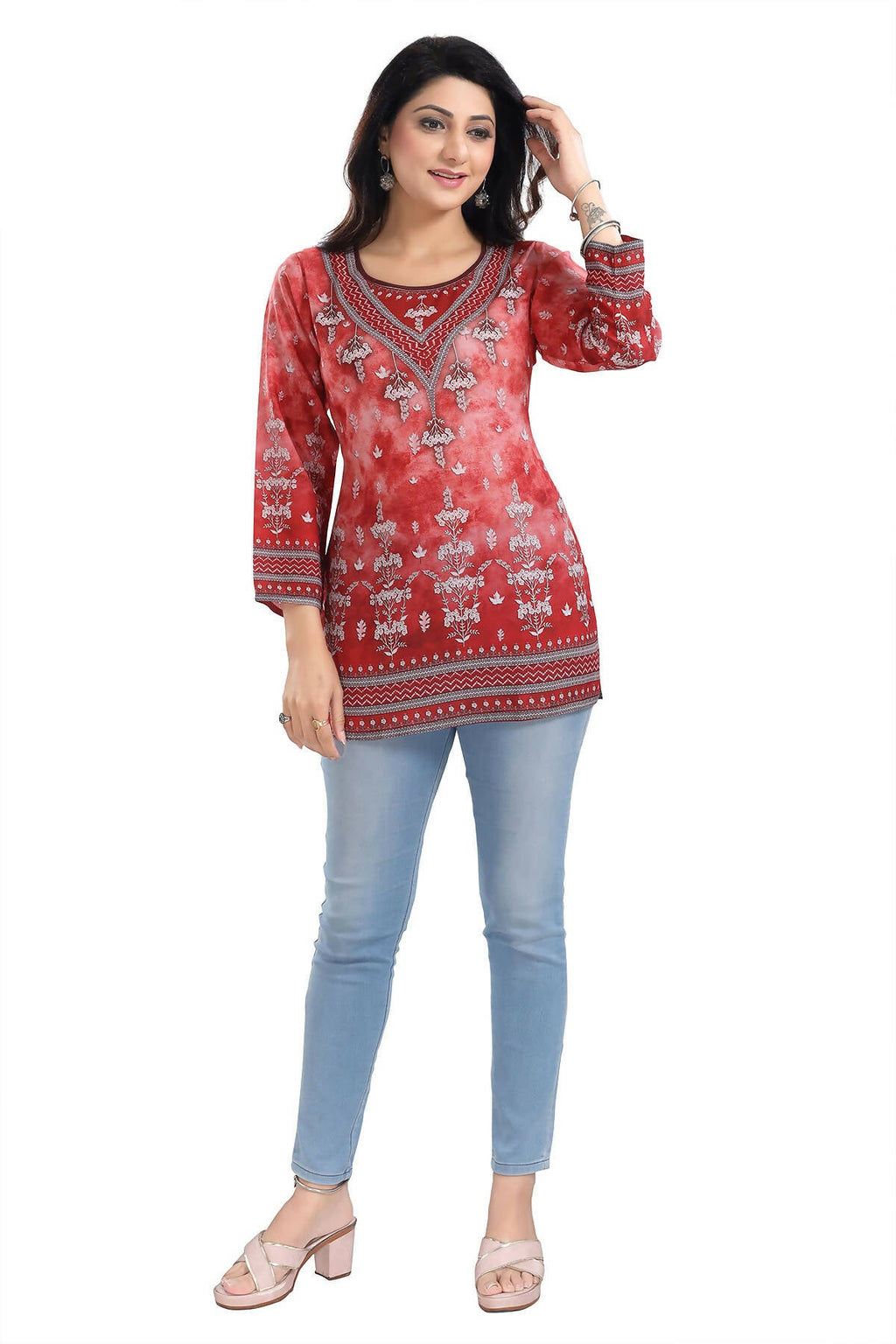 Snehal Creations Rustic Rust Faux Crepe Printed Short Kurti Tunic Top