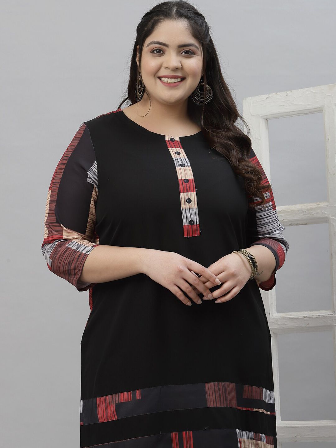 Sztori Black & Red Ethnic Motifs Printed Crepe A-Line Kurta