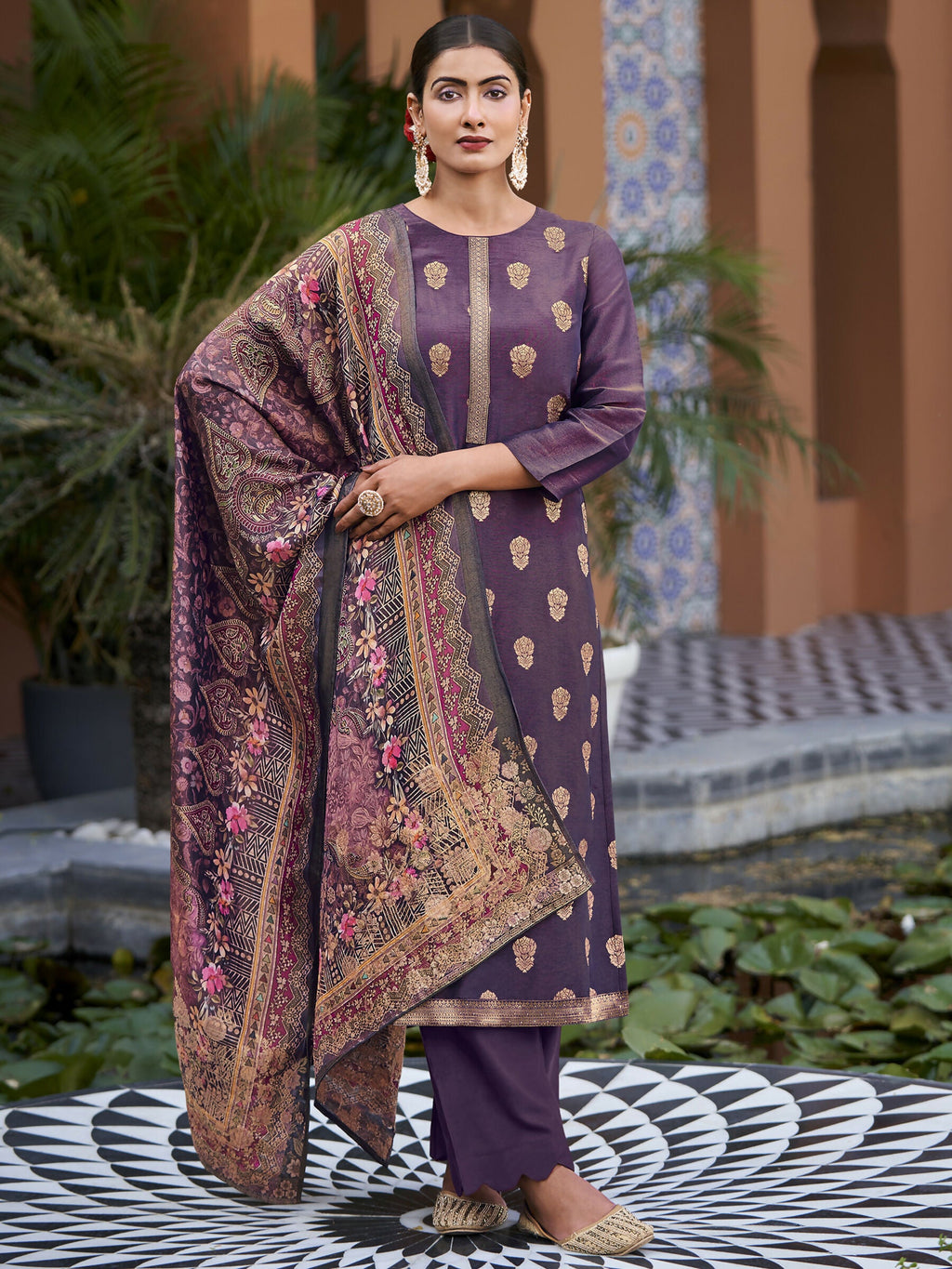 Jyoti Fashion Women's Purple Pure Silk Elegant Jacquard Woven Kurta with Trouser & Dupatta