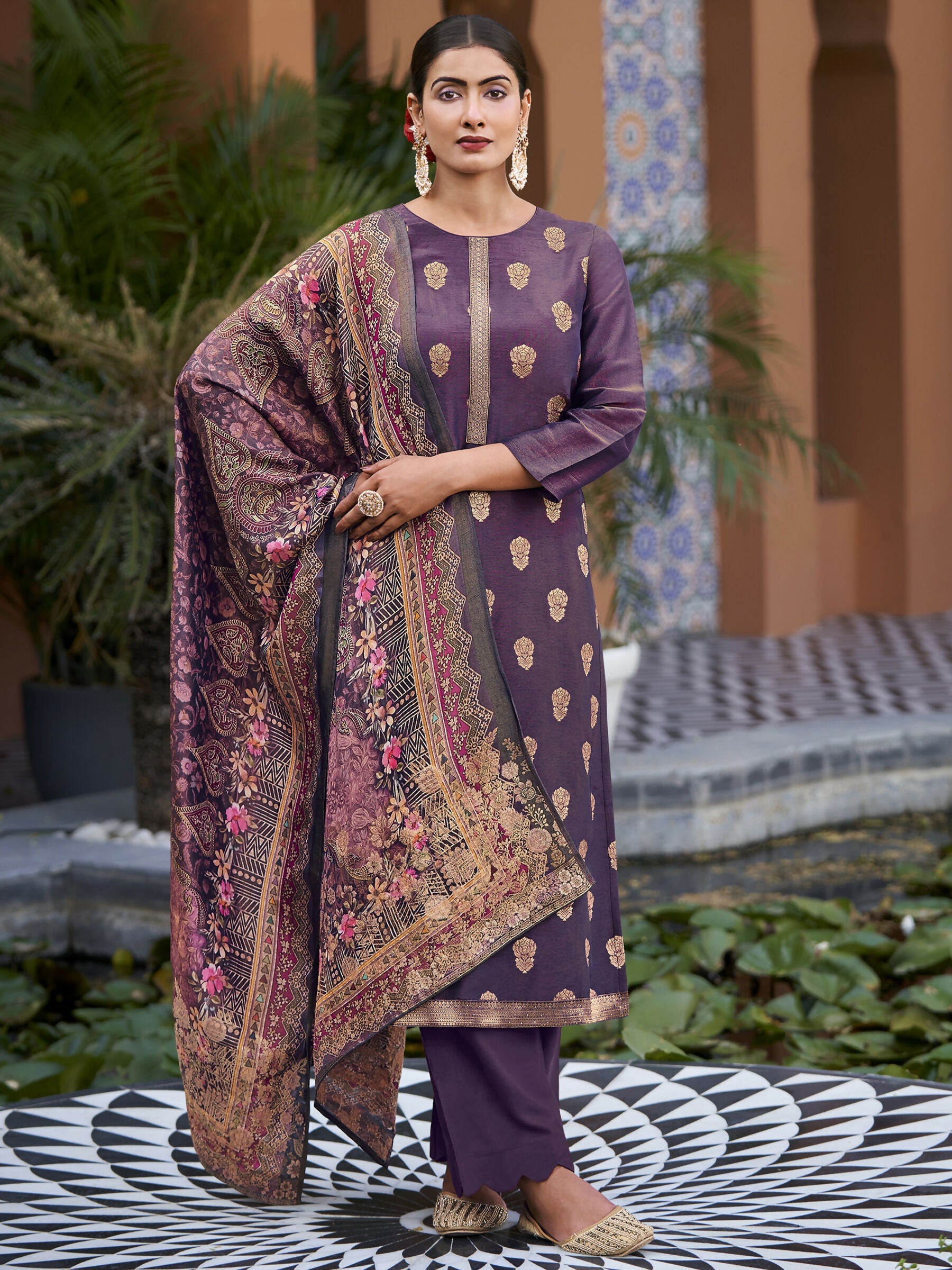 Jyoti Fashion Women's Purple Pure Silk Elegant Jacquard Woven Kurta with Trouser & Dupatta