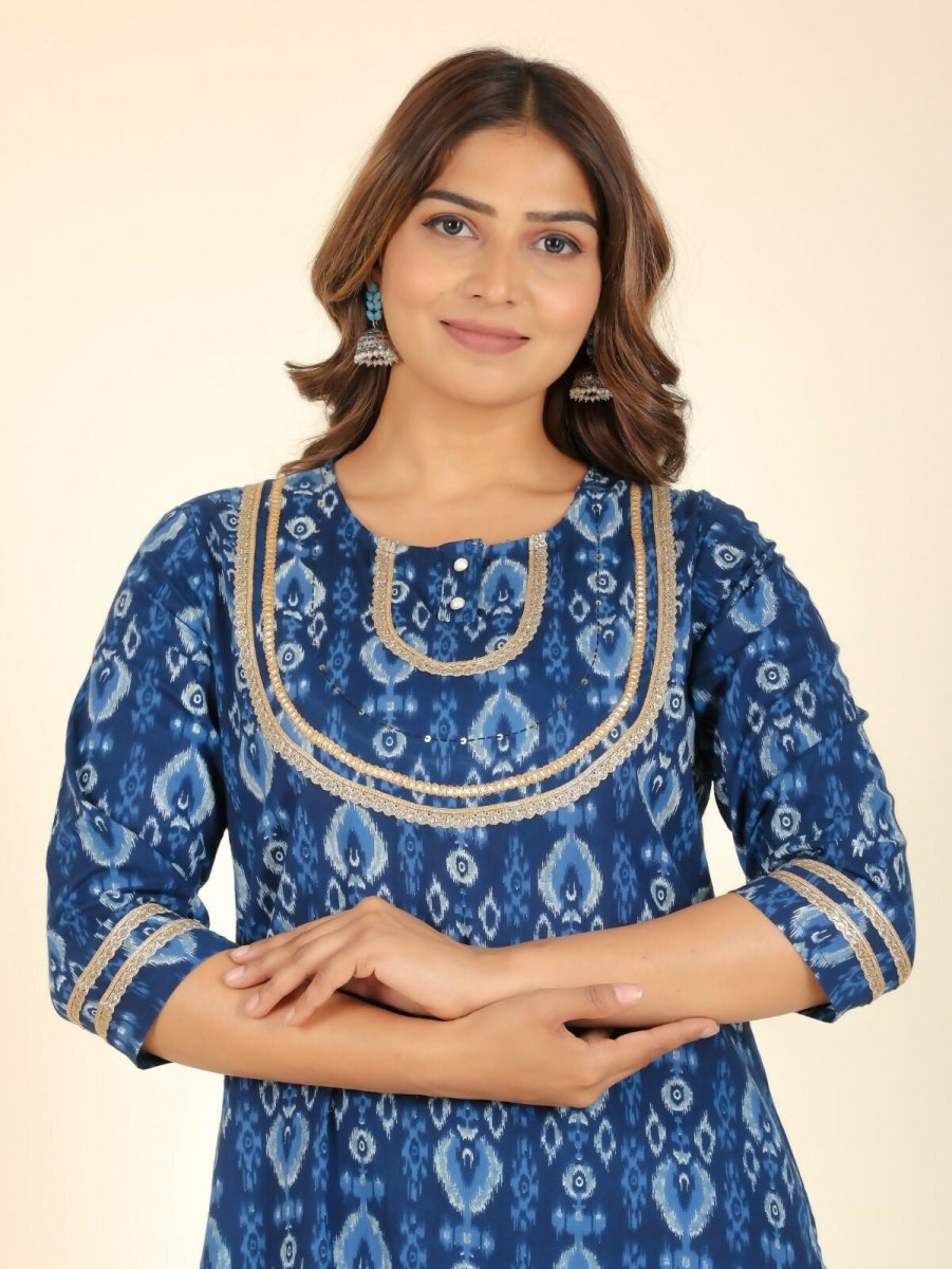 Aramya Straight Soft Cotton Ikat Print Women's Kurta - Blue
