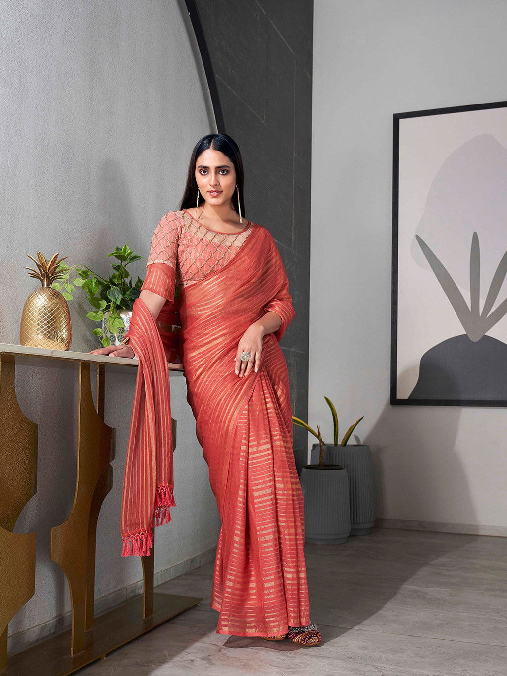 Tikhi Imli Striped Chiffon Ready to Wear Saree