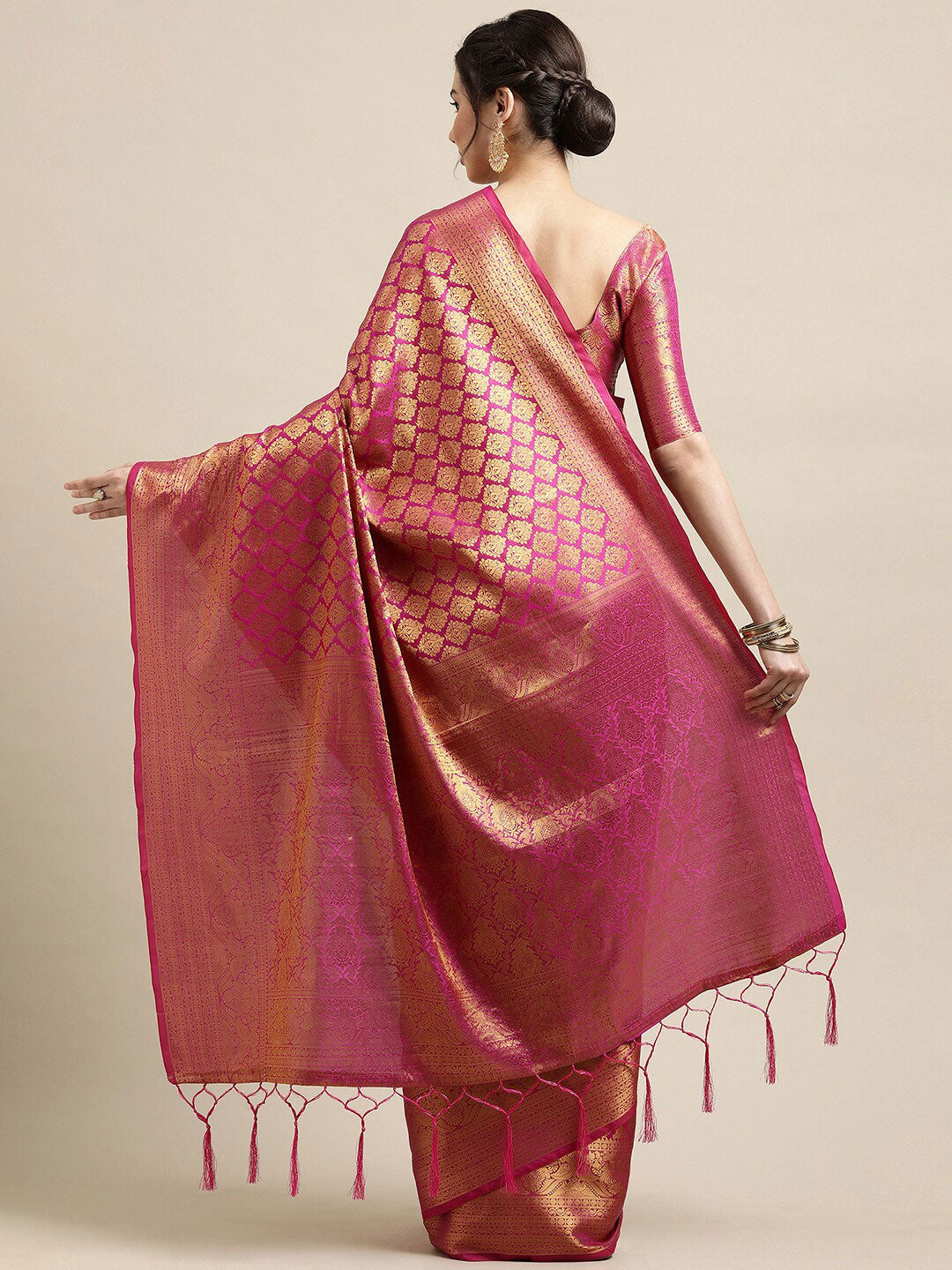 Saree Mall Pink & Gold-Toned Woven Design Zari Silk Blend Banarasi Saree