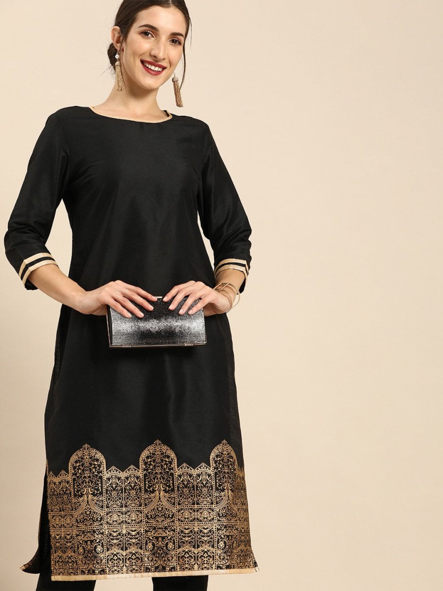 All About You Women Black & Gold Printed Regular Kurta with Trousers