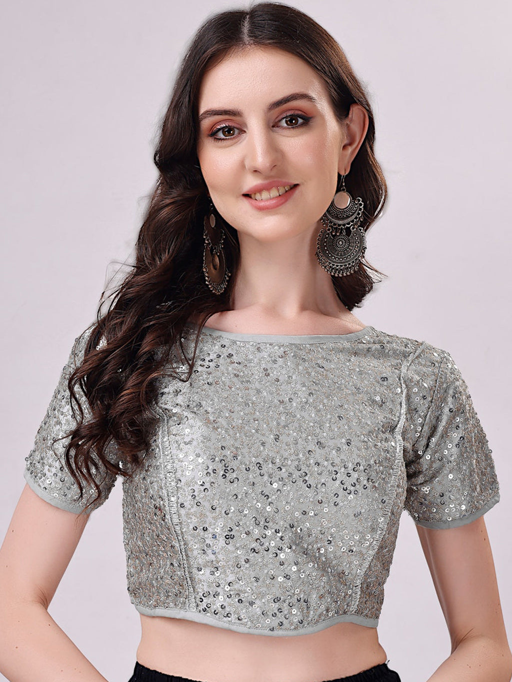 Tikhi Imli Grey Embellished Boat Neck Sequinned Detailed Saree Blouse