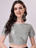 Tikhi Imli Grey Embellished Boat Neck Sequinned Detailed Saree Blouse