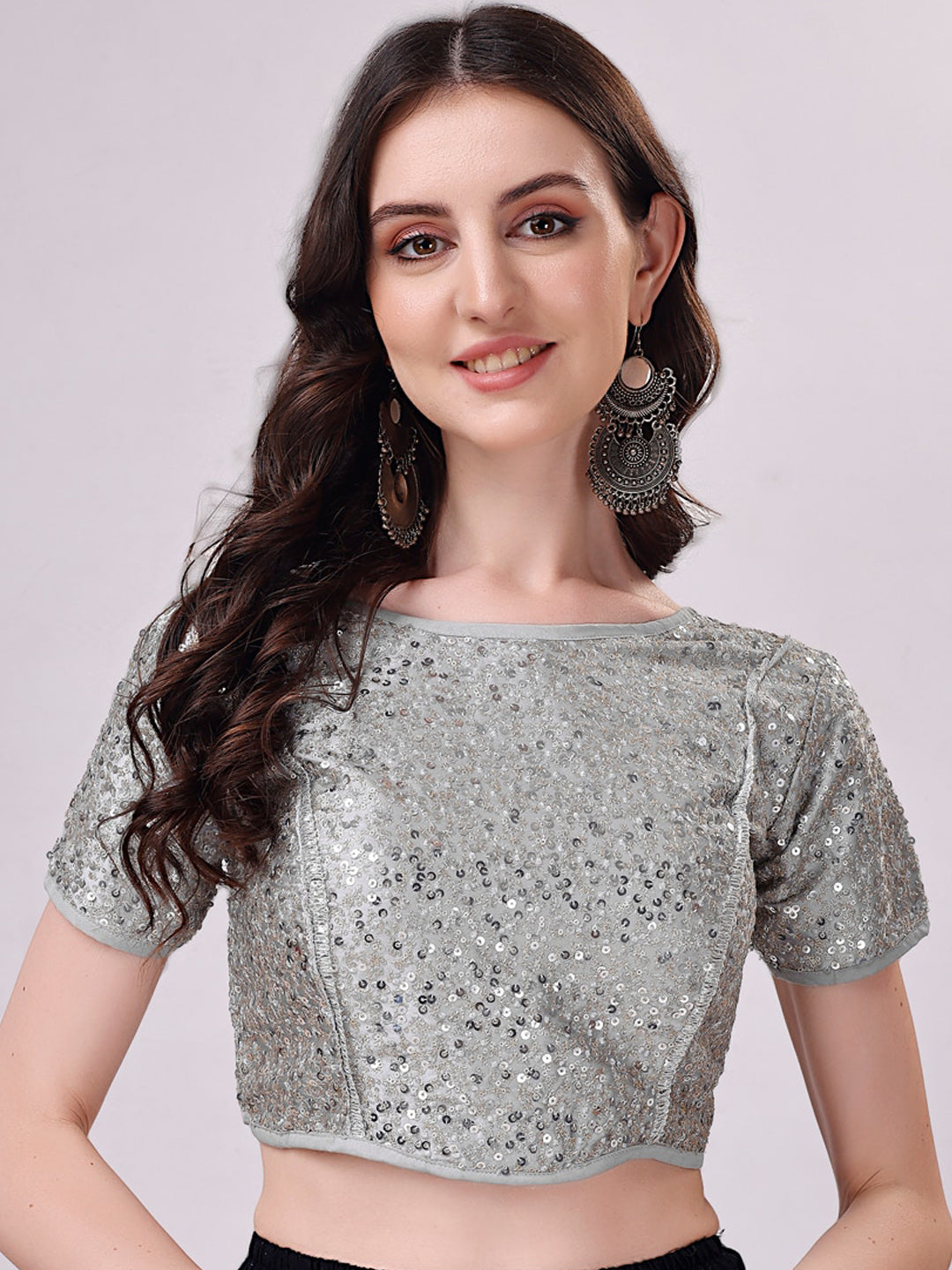 Tikhi Imli Grey Embellished Boat Neck Sequinned Detailed Saree Blouse