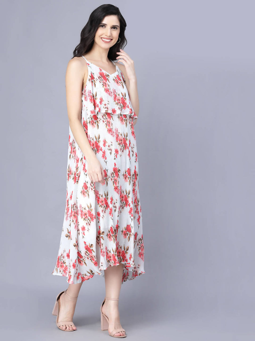 Myshka White Red Floral Layered Midi Dress