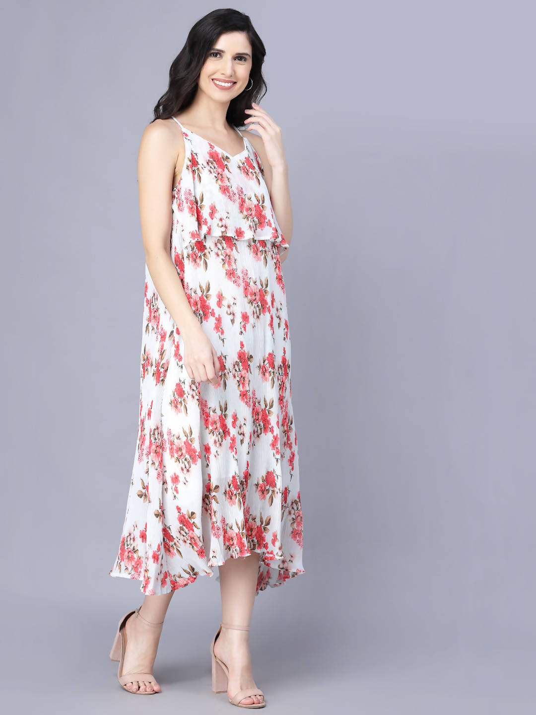 Myshka White Red Floral Layered Midi Dress