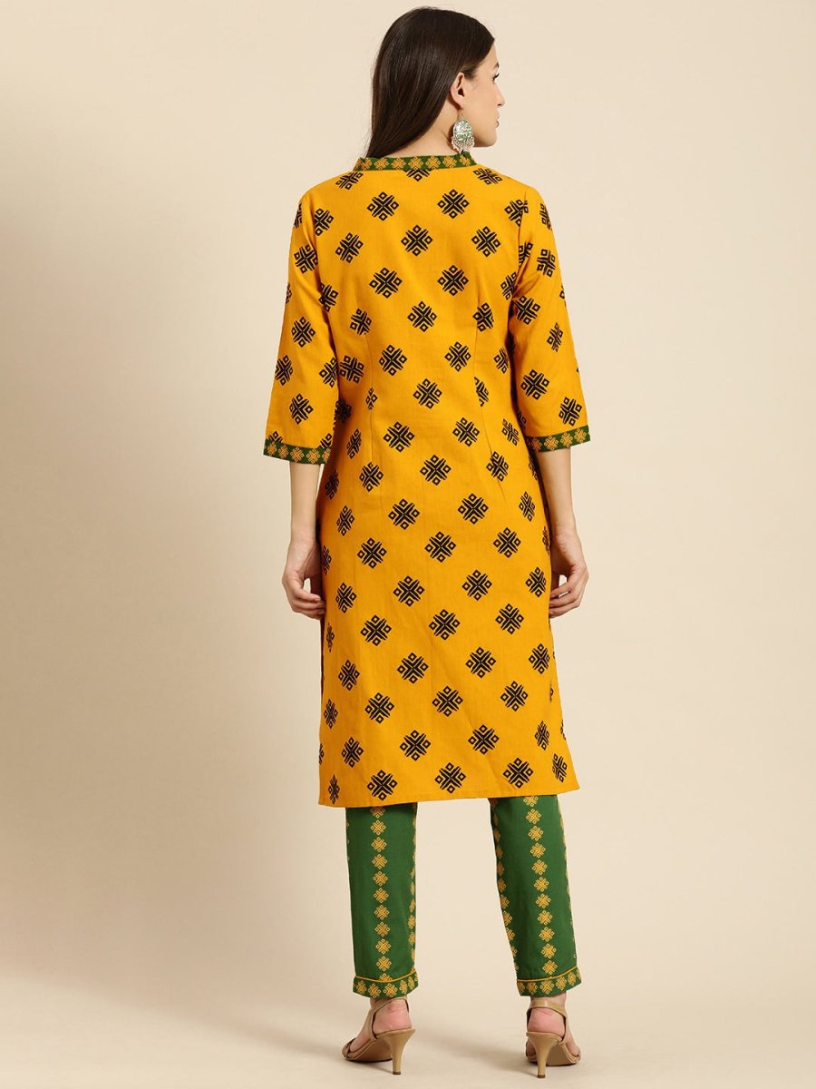 All About You Women Mustard Yellow Ethnic Motifs Printed Kurta with Green Printed Trousers
