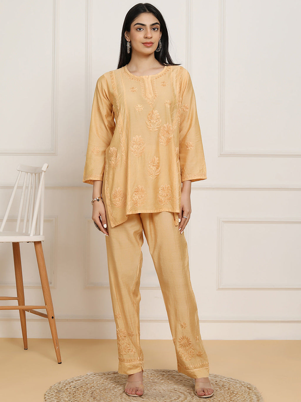 HOUSE OF KARI Floral Embroidered Chikankari Chanderi Silk Straight Kurti with Trousers