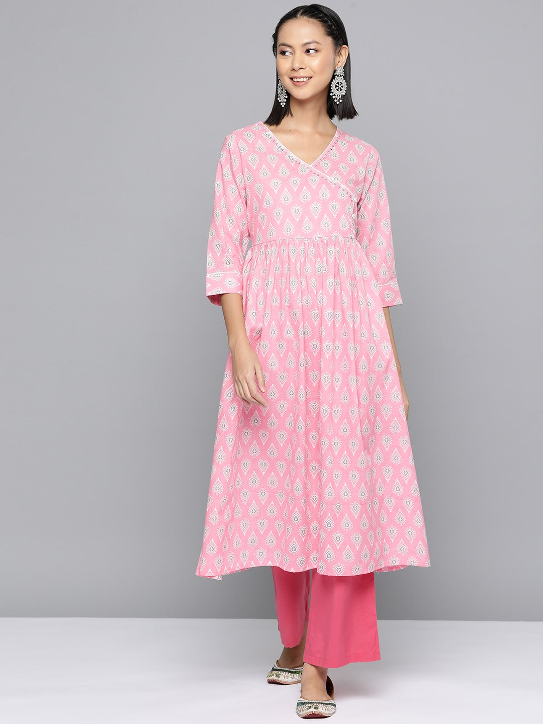 HERE&NOW Ethnic Motifs Printed Sequined Detail Angrakha Kurta
