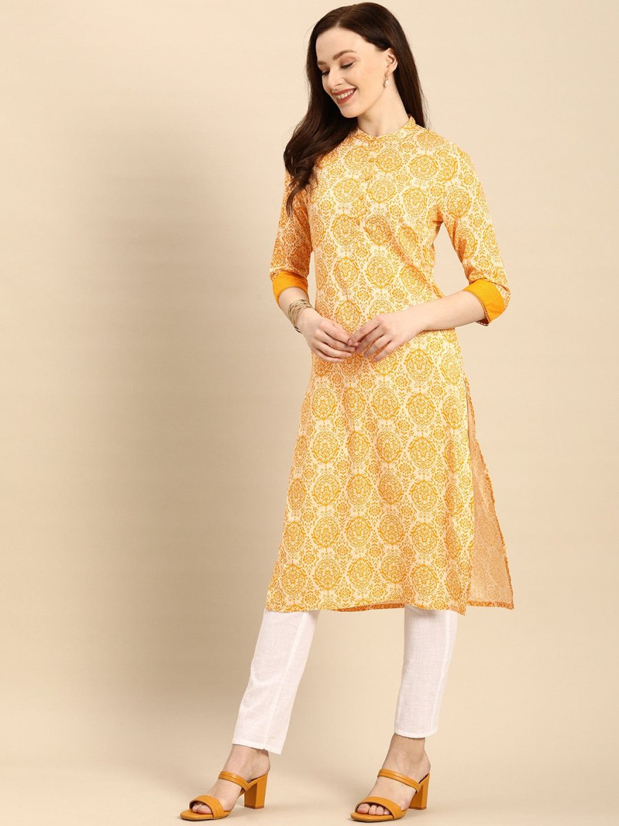 All About You Women Gold-Toned & White Printed Kurta