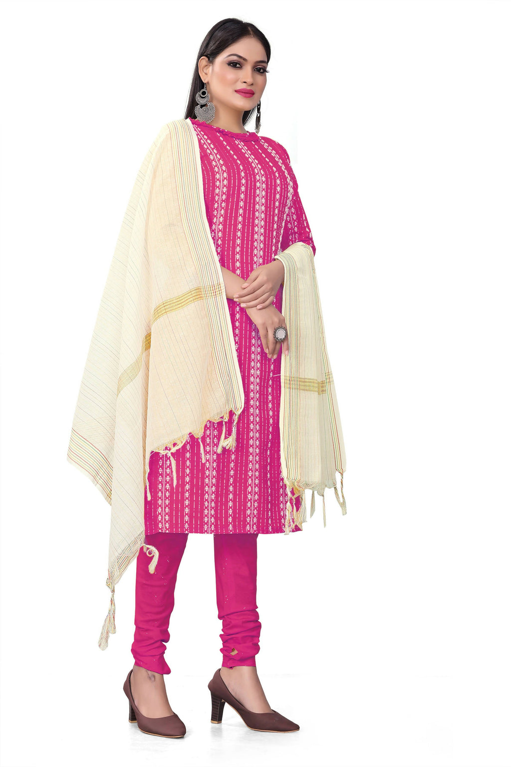 Pink Cotton Jacquard Woven Unstitched Dress Material - Amara