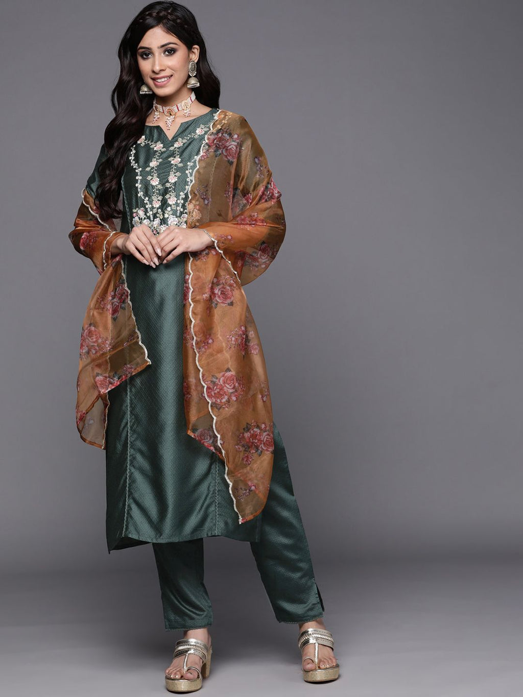 Indo Era Women Green Ethnic Motifs Embroidered Kurta with Trousers & With Dupatta
