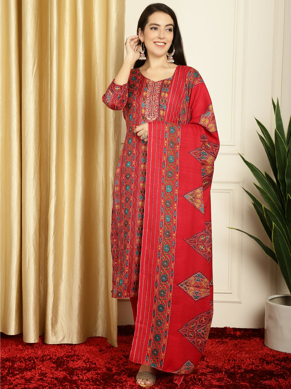 Jyoti Fashion Women's Red Pashmina Floral Digital Printed Kurta with Trouser & Dupatta